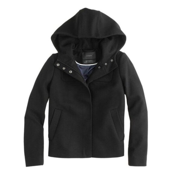 J. Crew Melton Italian Wool Black Hooded Short Winter Zip Jacket Coat Size 8 - Picture 1 of 10